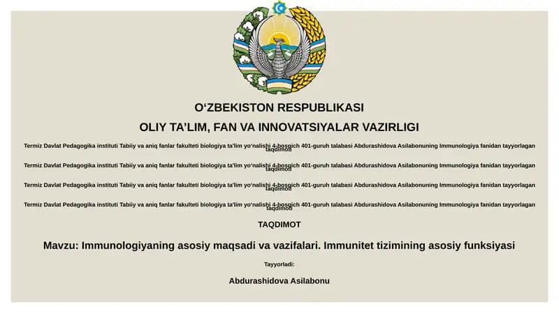 Immunologiya fanidan tayyorlagan taqdimoti