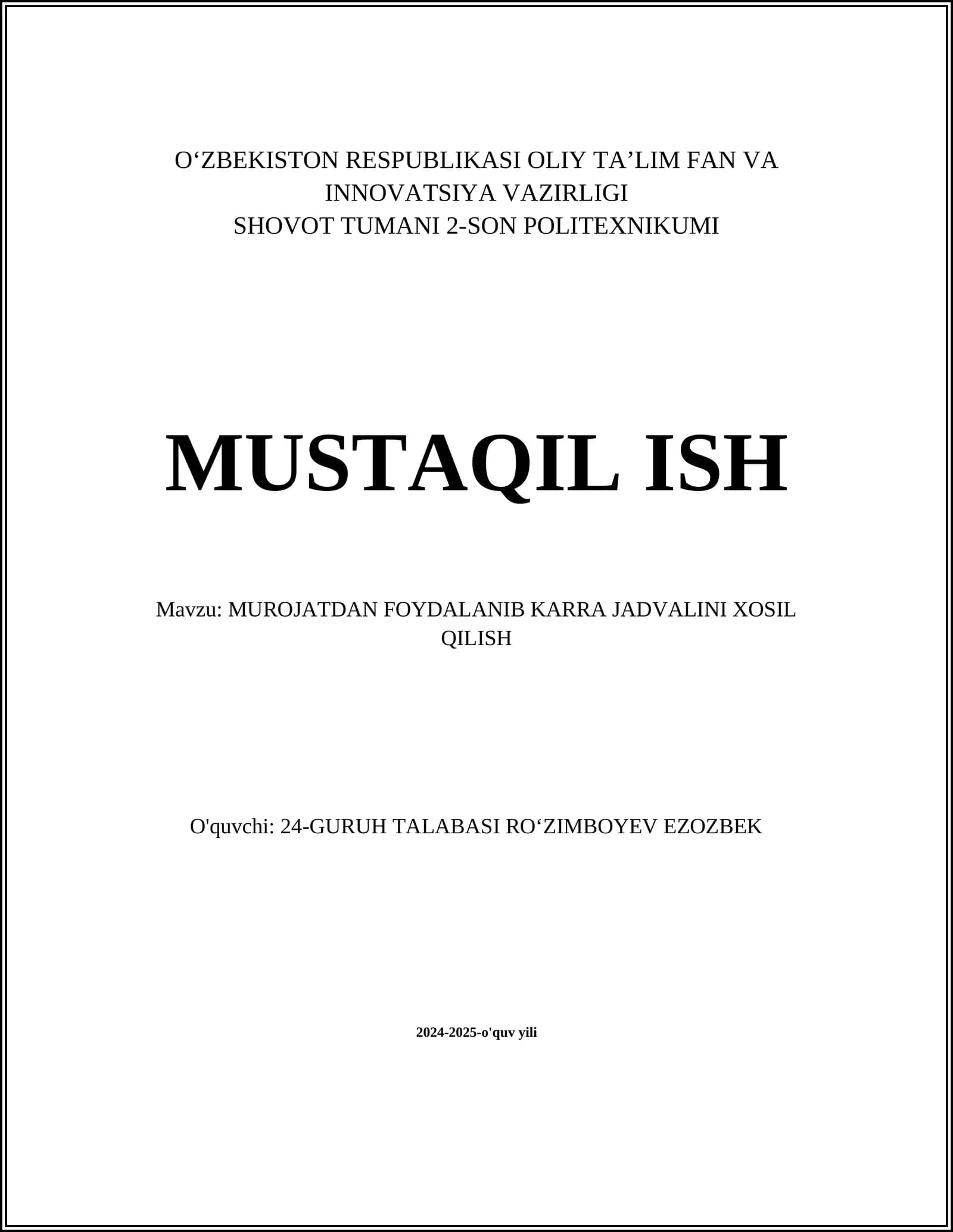 Karra jadvali (multiplikatsion jadval)