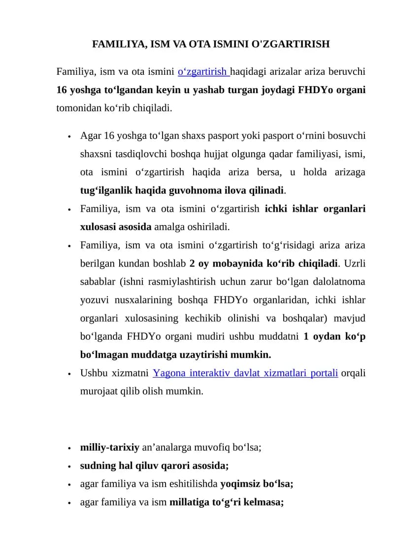Familiya, ism va ota ismini o'zgartirish