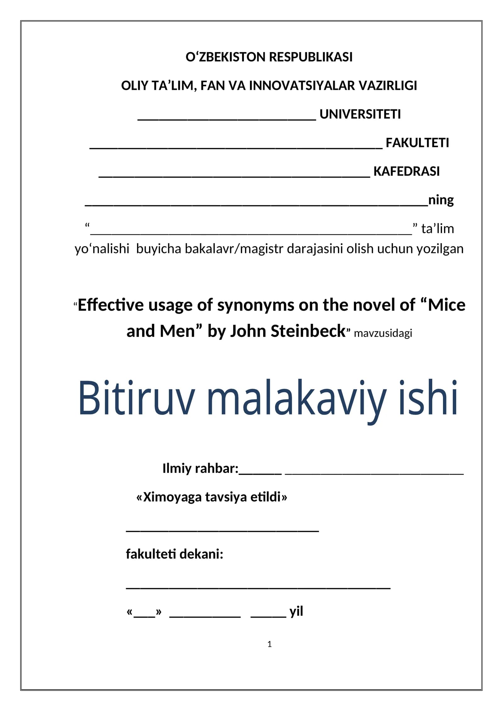 Effective usage of synonyms on the novel of “Mice and Men” by John Steinbeck
