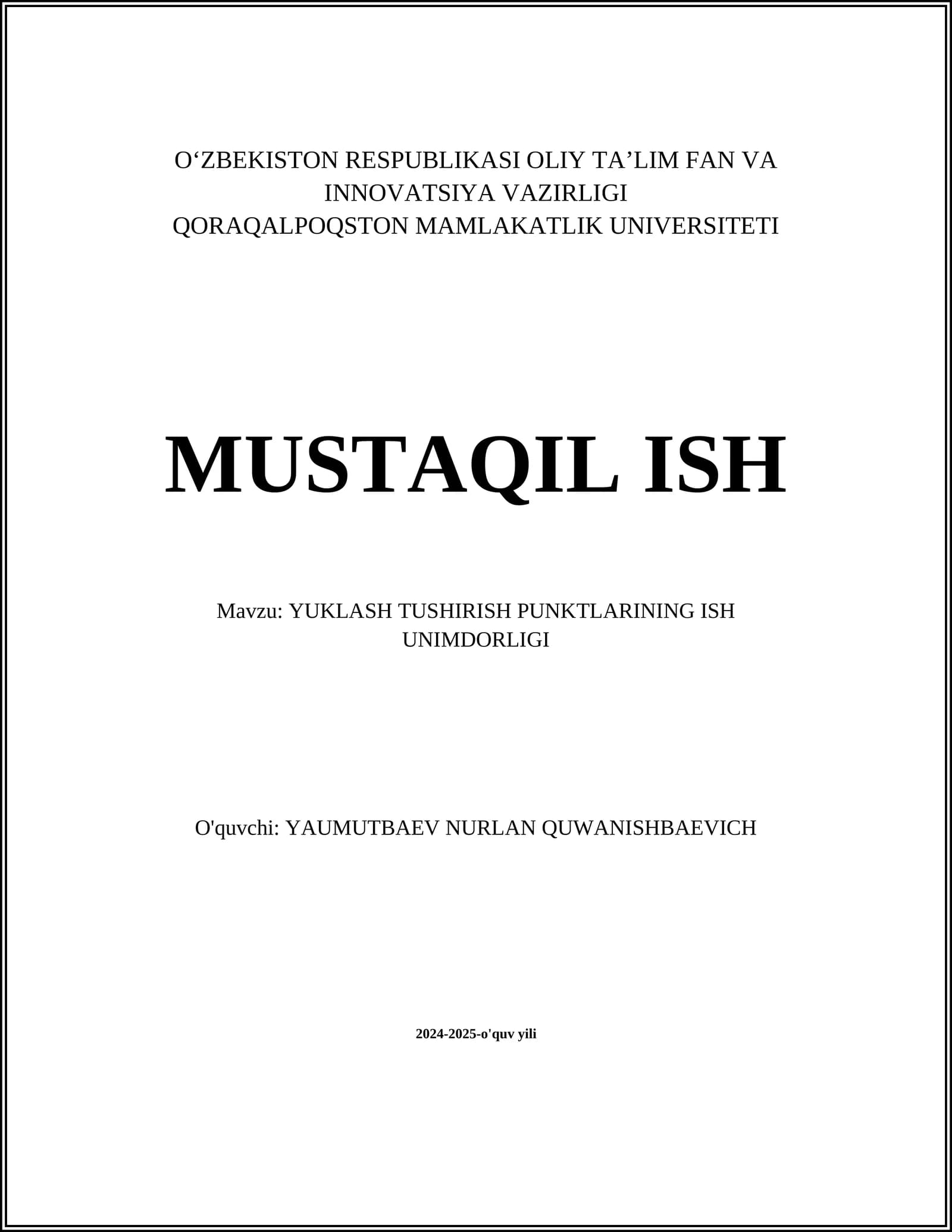 YUKLASH TUSHIRISH PUNKTLARINING ISH UNIMDORLIGI