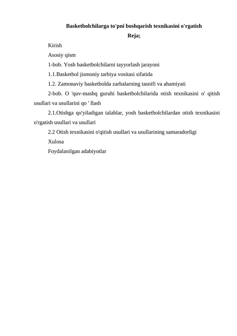 Basketbolchilarga to'pni boshqarish texnikasini o'rgatish