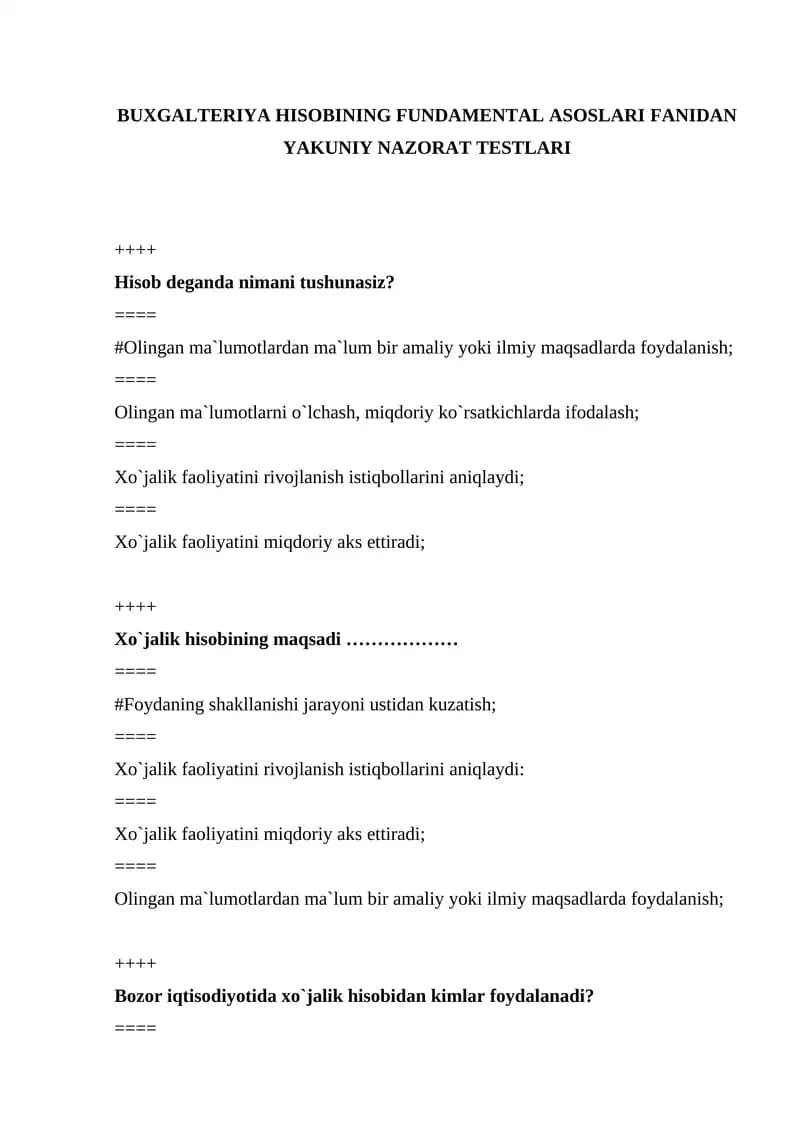BUXGALTERIYA HISOBINING FUNDAMENTAL ASOSLARI FANIDAN YAKUNIY NAZORAT TESTLARI
