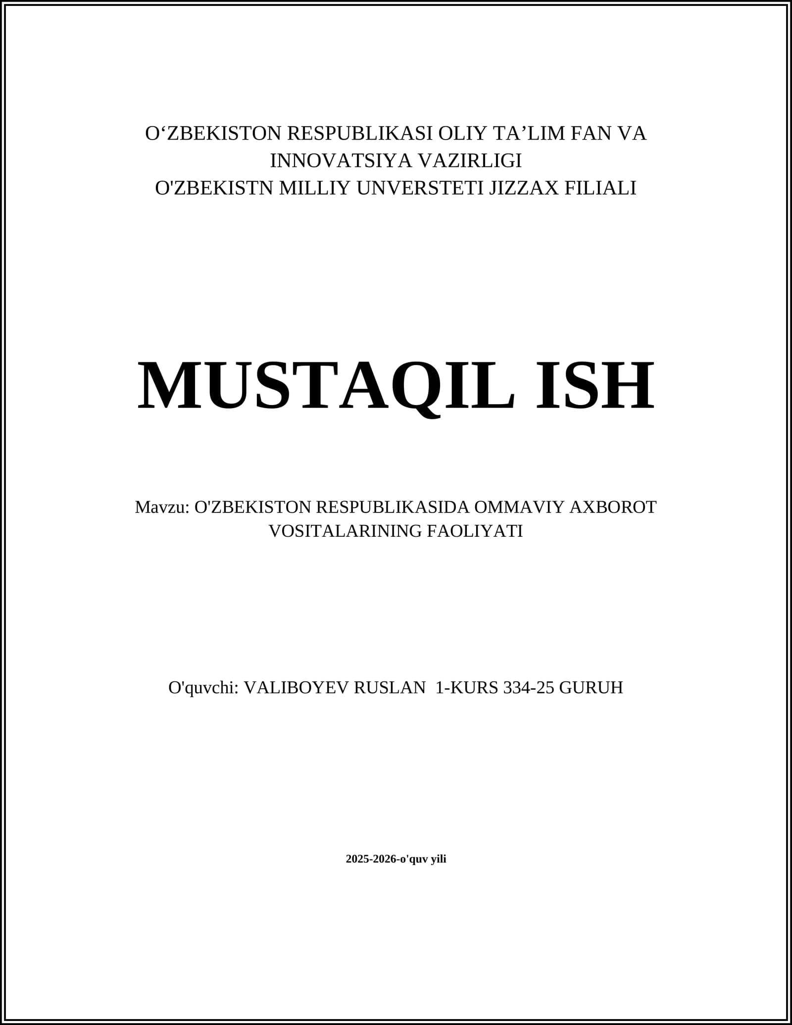 O'ZBEKISTON RESPUBLIKASIDA OMMAVIY AXBOROT VOSITALARINING FAOLIYATI