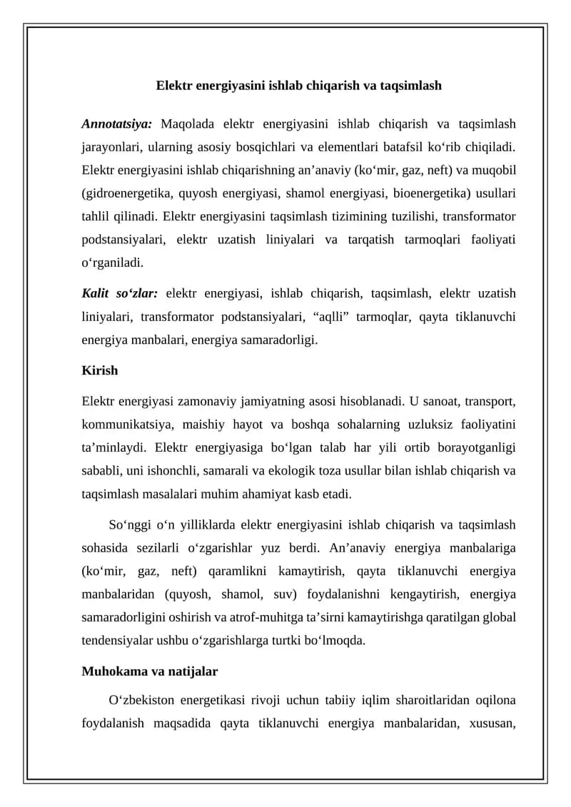Elektr energiyasini ishlab chiqarish va taqsimlash