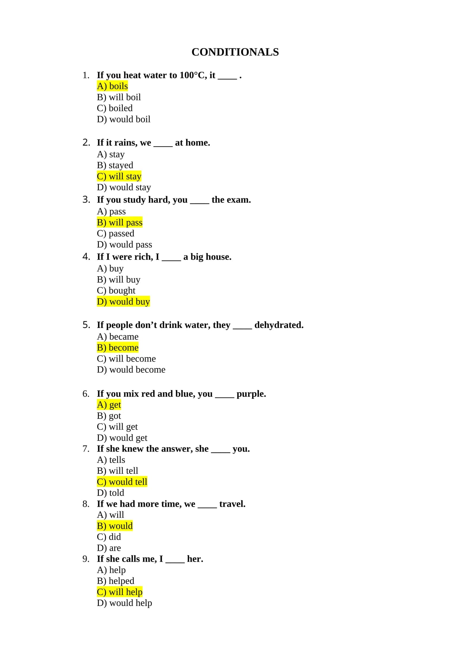 100 ta attetstatsiyaga tayyorlanish uchun Conditionals mavzusi yuzasidan tuzilgan testlar