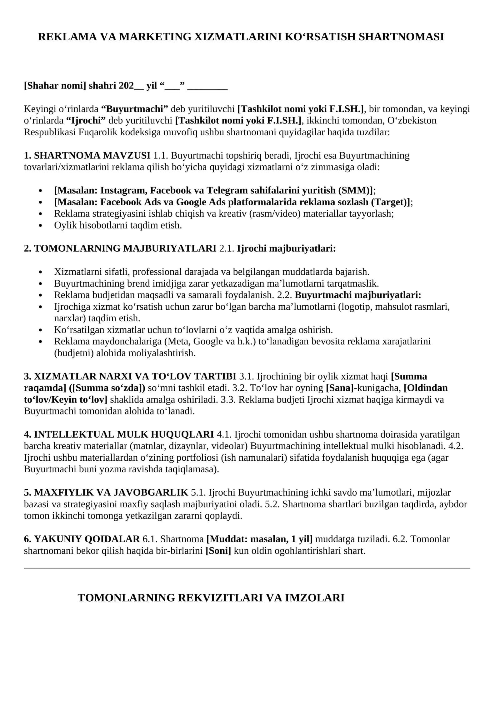 REKLAMA VA MARKETING XIZMATLARINI KO‘RSATISH SHARTNOMASI