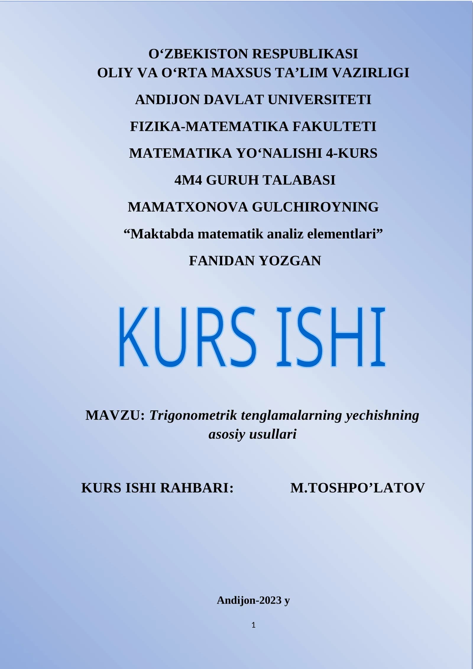 Trigonometrik tenglamalarning yechishning asosiy usullari