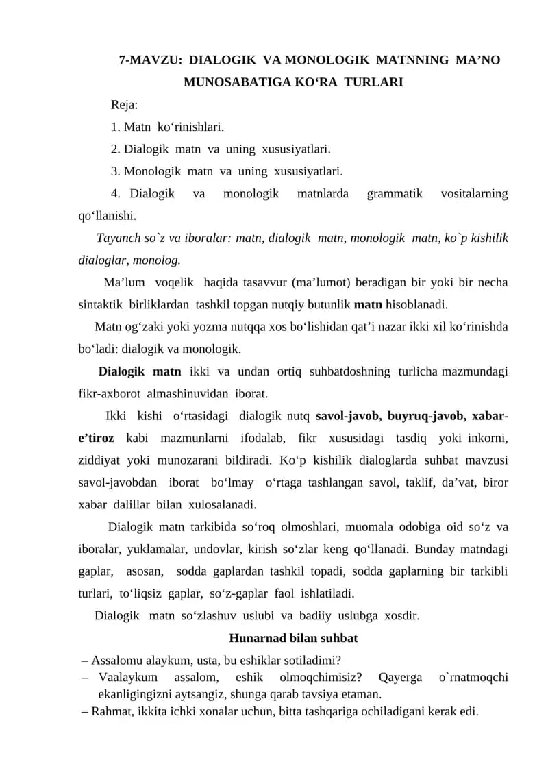 DIALOGIK VA MONOLOGIK MATNNING MA’NO MUNOSABATIGA KO‘RA TURLARI