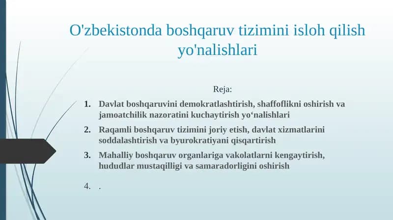 O'zbekistonda boshqaruv tizimini isloh qilish yo'nalishlari