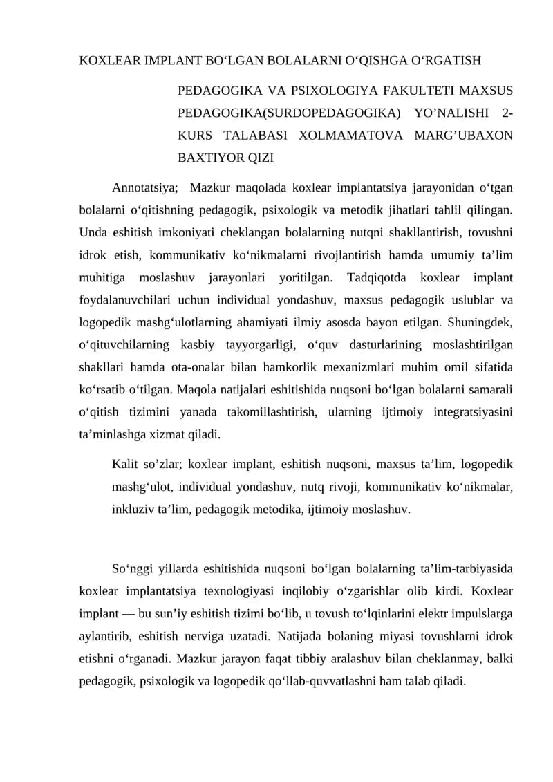 KOXLEAR IMPLANT BO‘LGAN BOLALARNI O‘QISHGA O‘RGATISH