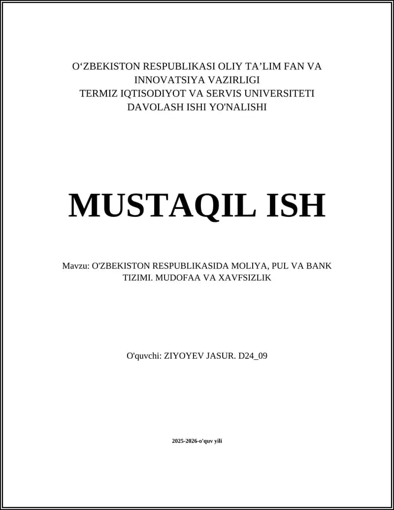 O'ZBEKISTON RESPUBLIKASIDA MOLIYA, PUL VA BANK TIZIMI