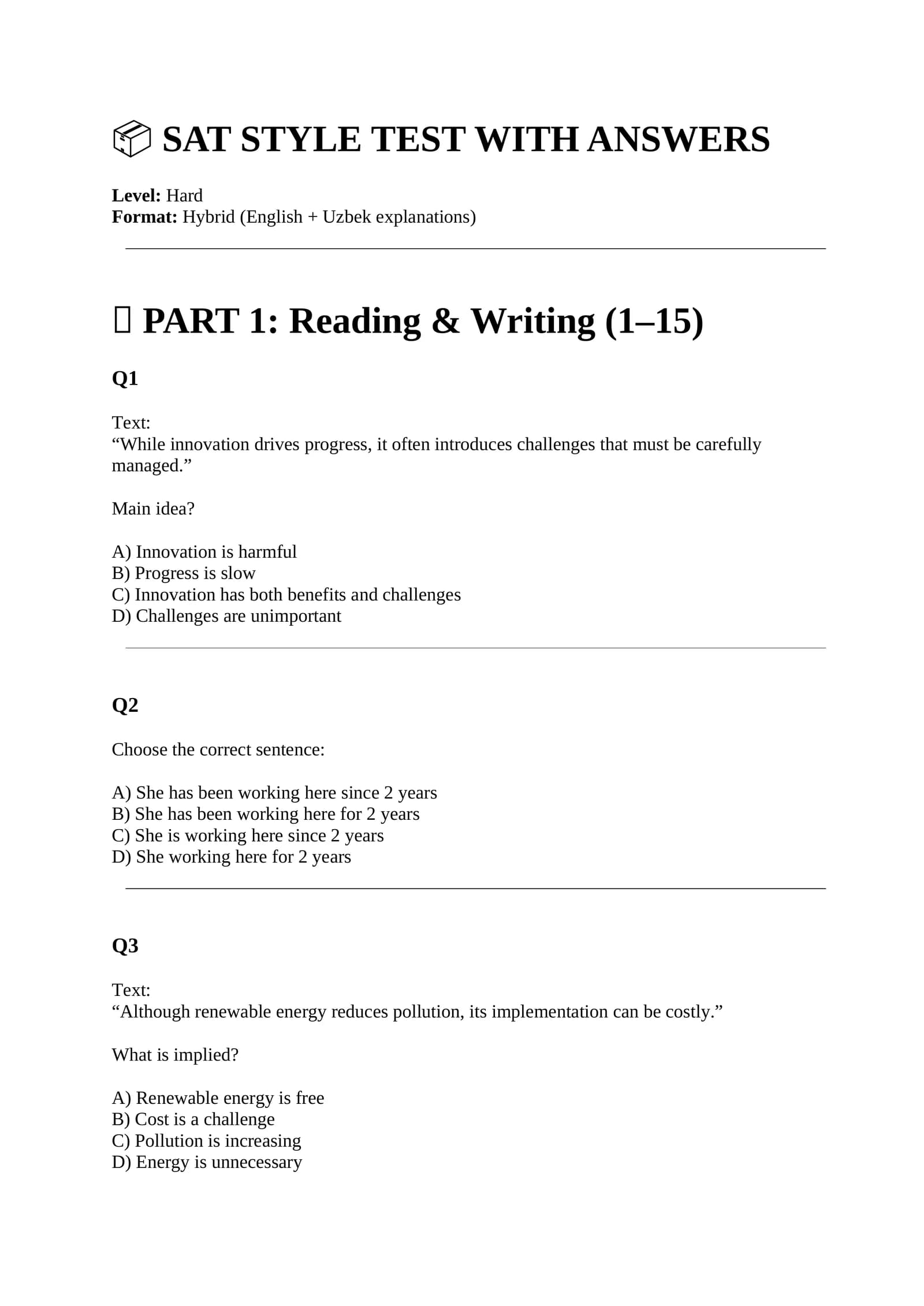 SAT STYLE TEST WITH ANSWERS