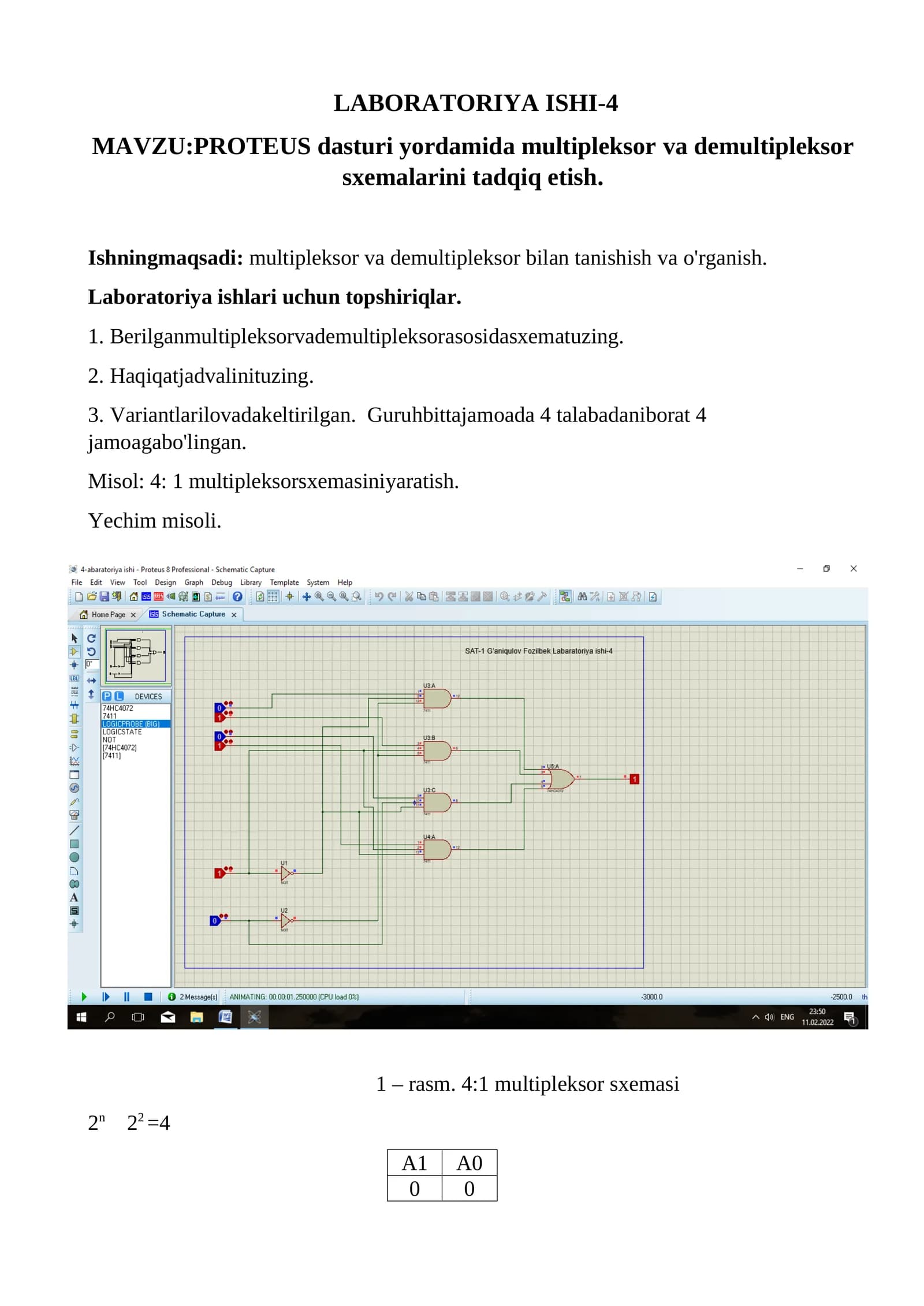 PROTEUS dasturi yordamida multipleksor va demultipleksor sxemalarini tadqiq etish