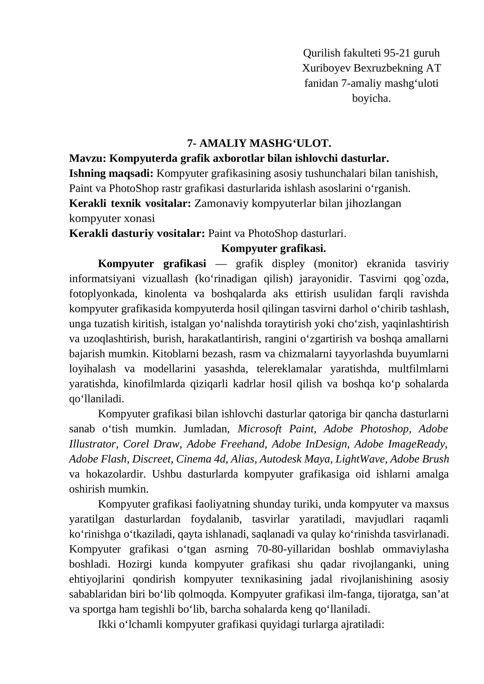 Kompyuterda grafik axborotlar bilan ishlovchi dasturlar