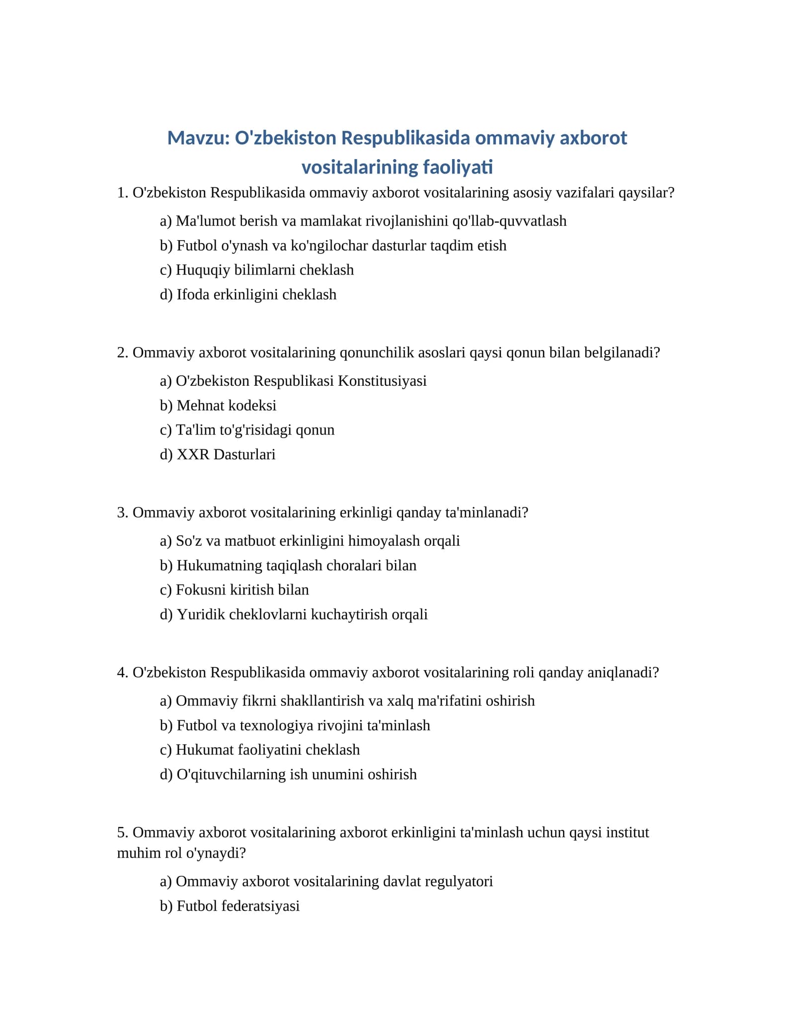 O'zbekiston Respublikasida ommaviy axborot vositalarining faoliyati