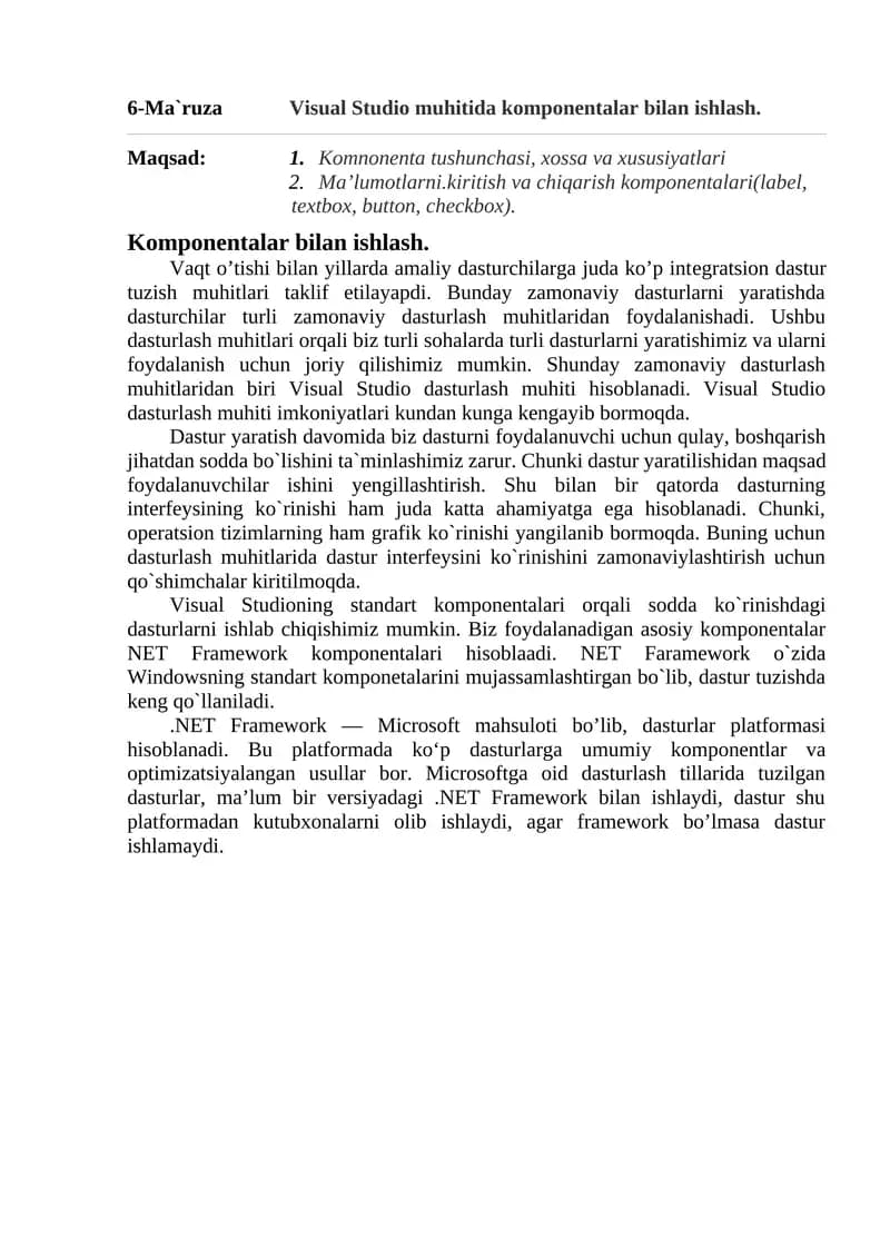 Visual Studio muhitida komponentalar bilan ishlash
