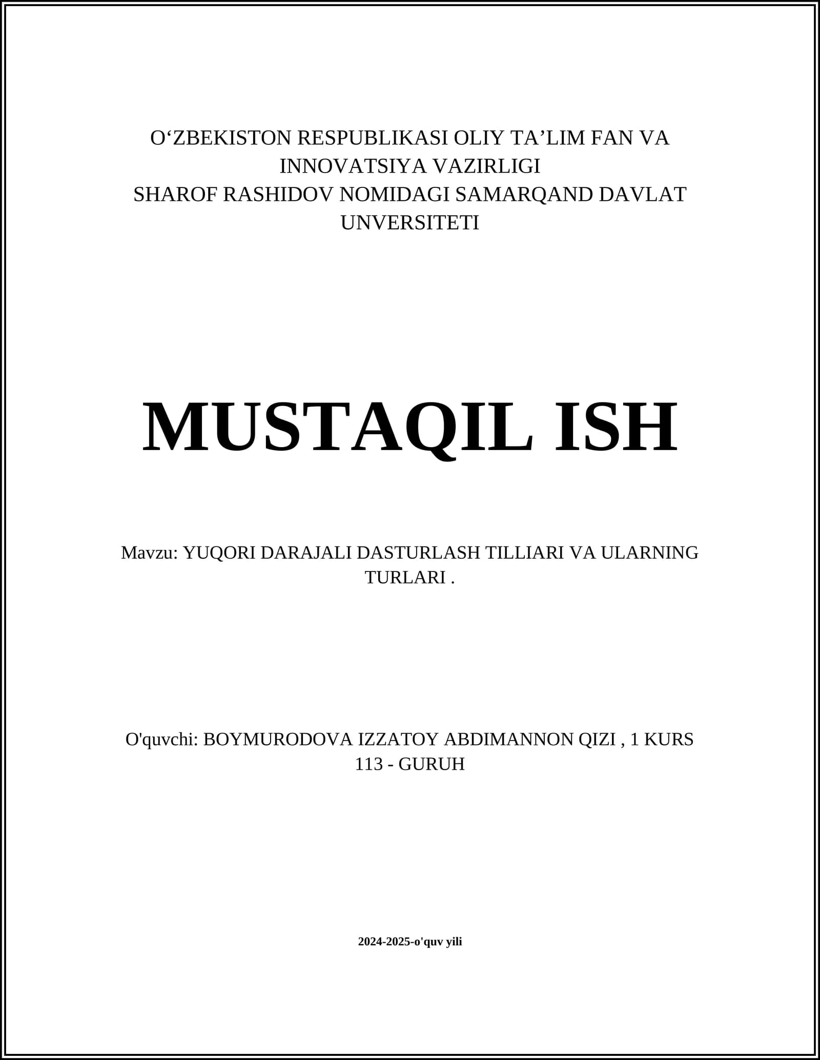 YUQORI DARAJALI DASTURLASH TILLIARI VA ULARNING TURLARI