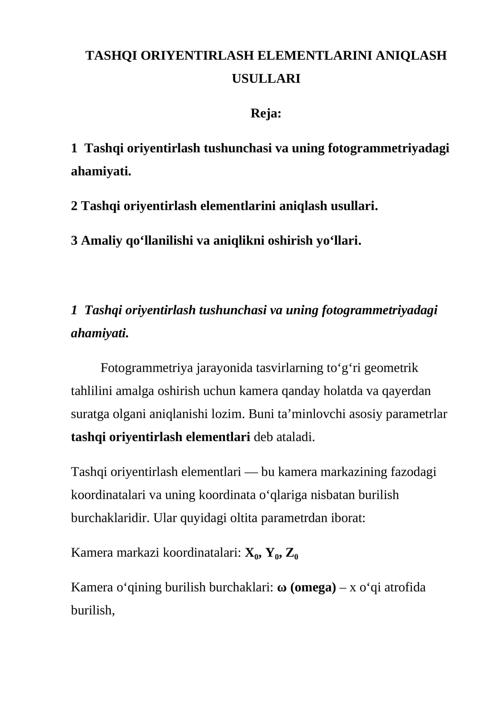 TASHQI ORIYENTIRLASH ELEMENTLARINI ANIQLASH USULLARI