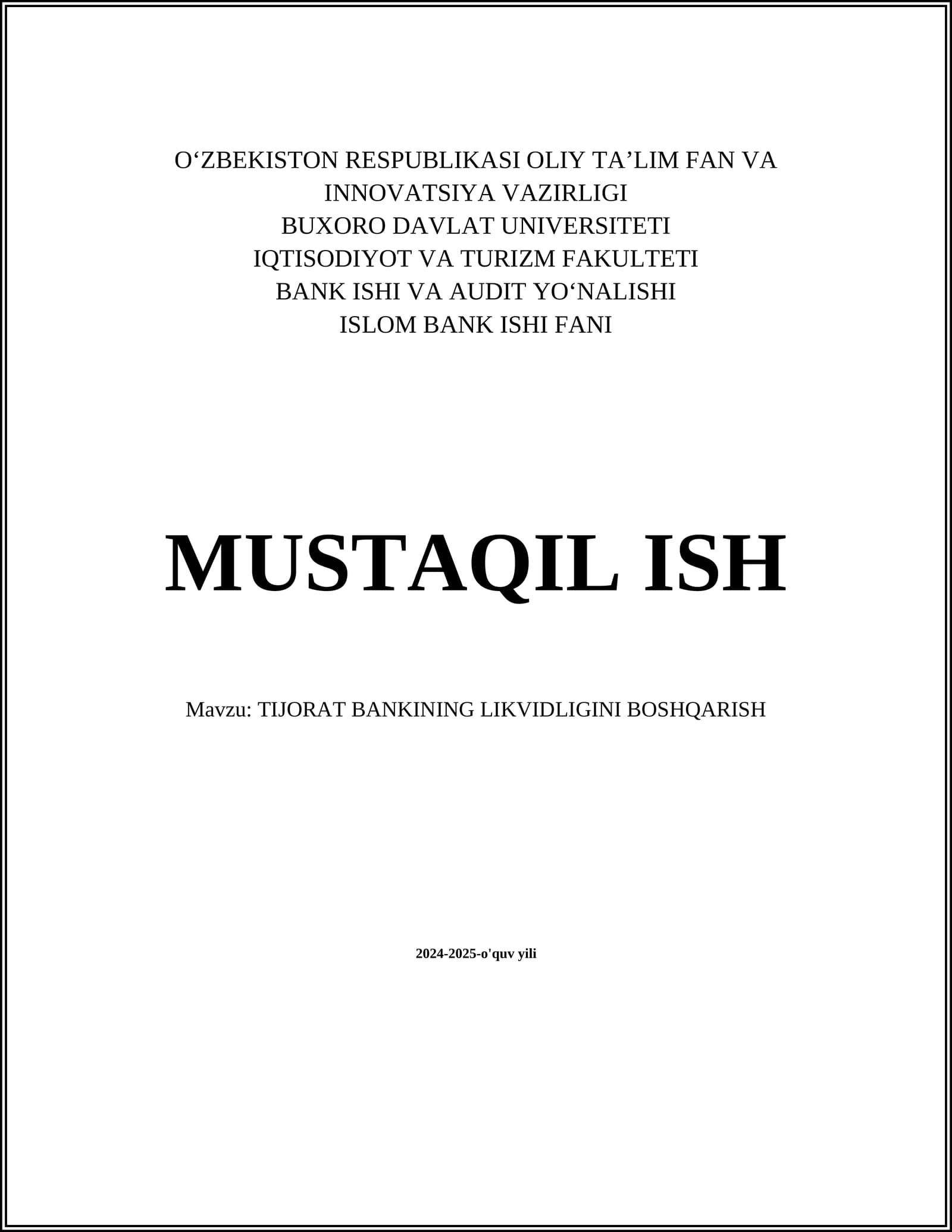 TIJORAT BANKINING LIKVIDLIGINI BOSHQARISH