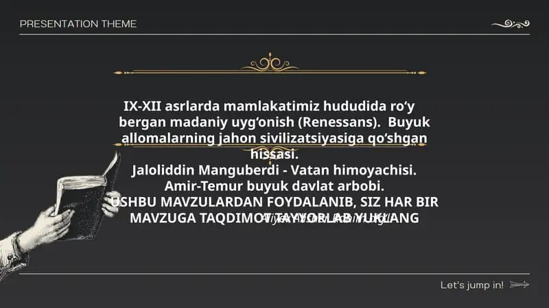 IX-XII asrlarda mamlakatimiz hududida ro‘y  bergan madaniy uyg‘onish (Renessans). Buyuk allomalarning jahon sivilizatsiyasiga qo‘shgan hissasi