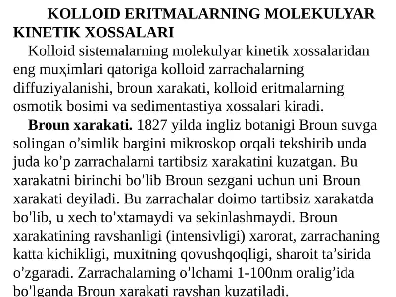 KOLLOID ERITMALARNING MOLEKULYAR KINETIK XOSSALARI