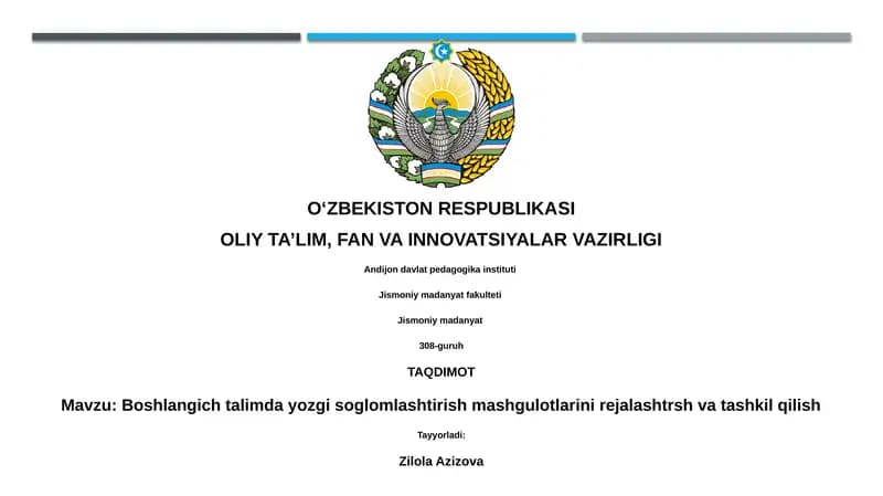 Boshlangich talimda yozgi sog'lomlashtirish mashgulotlarini rejalashtrsh va tashkil qilish
