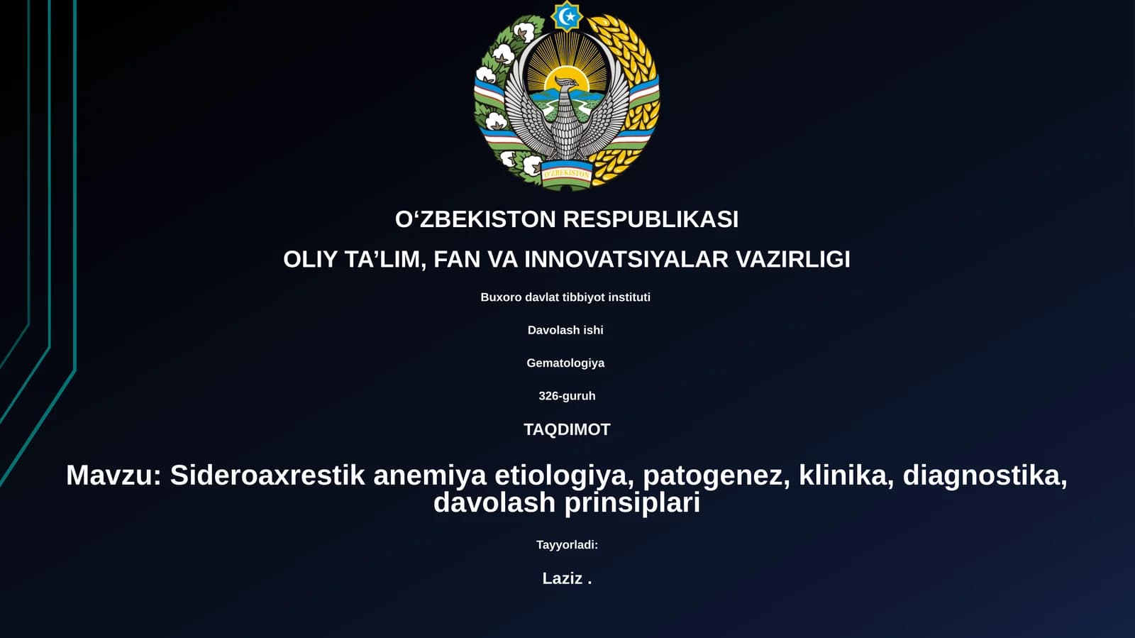 Sideroaxrestik anemiya etiologiya, patogenez, klinika, diagnostika, davolash prinsiplari