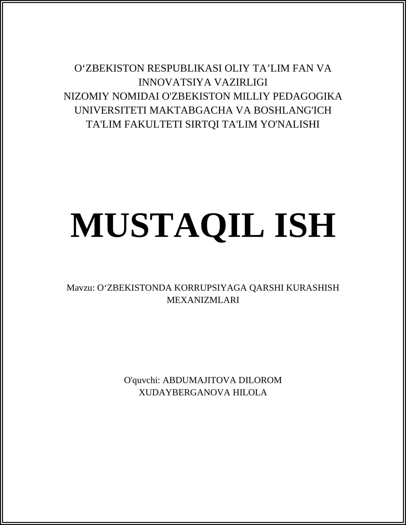 O‘ZBEKISTONDA KORRUPSIYAGA QARSHI KURASHISH MEXANIZMLARI