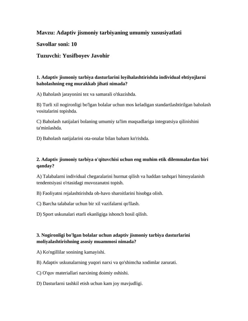 Adaptiv jismoniy tarbiyaning umumiy xususiyatlati