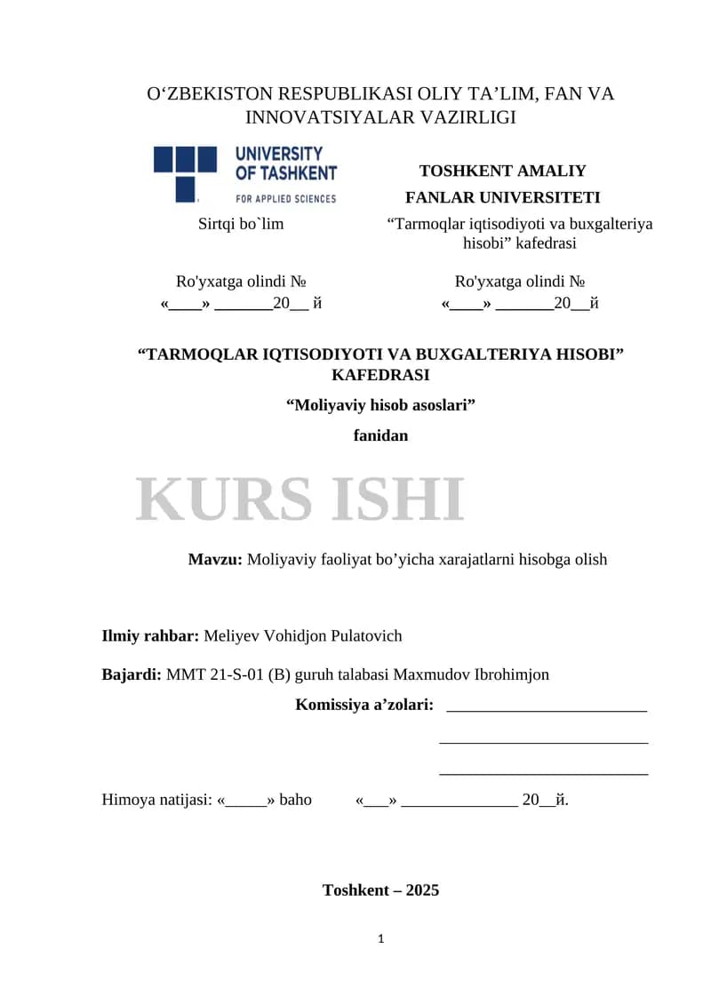Moliyaviy faoliyat bo’yicha xarajatlarni hisobga olish
