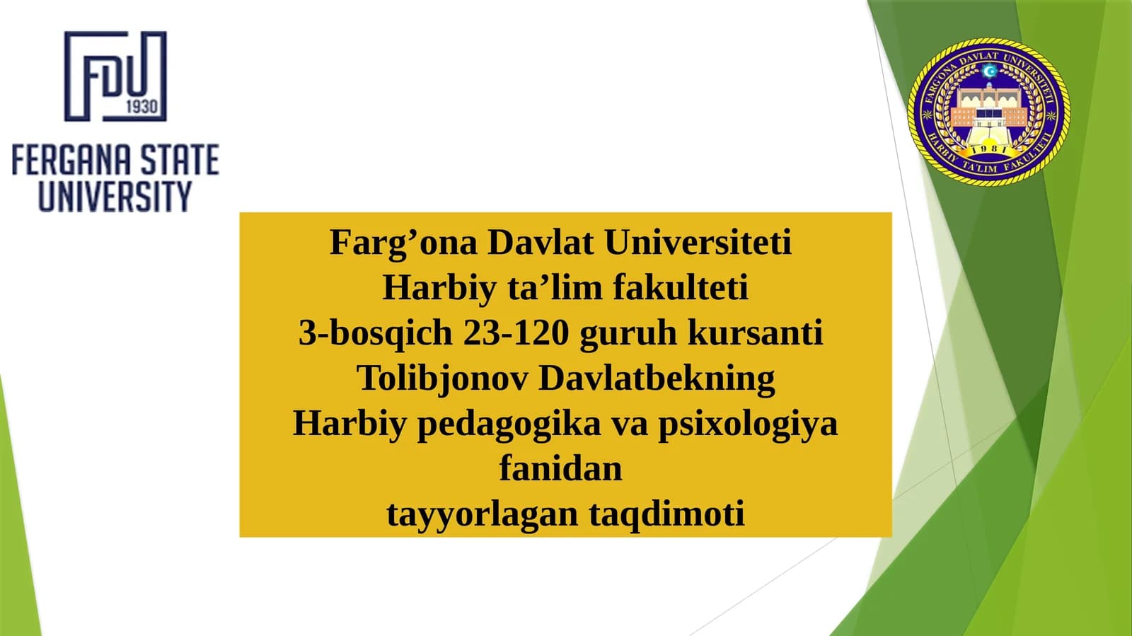 Harbiy pedagogika va psixologiya fanidan tayyorlagan taqdimoti