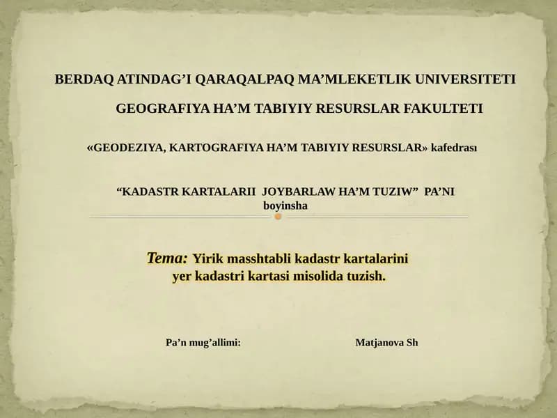 Yirik masshtabli kadastr kartalarini yer kadastri kartasi misolida tuzish