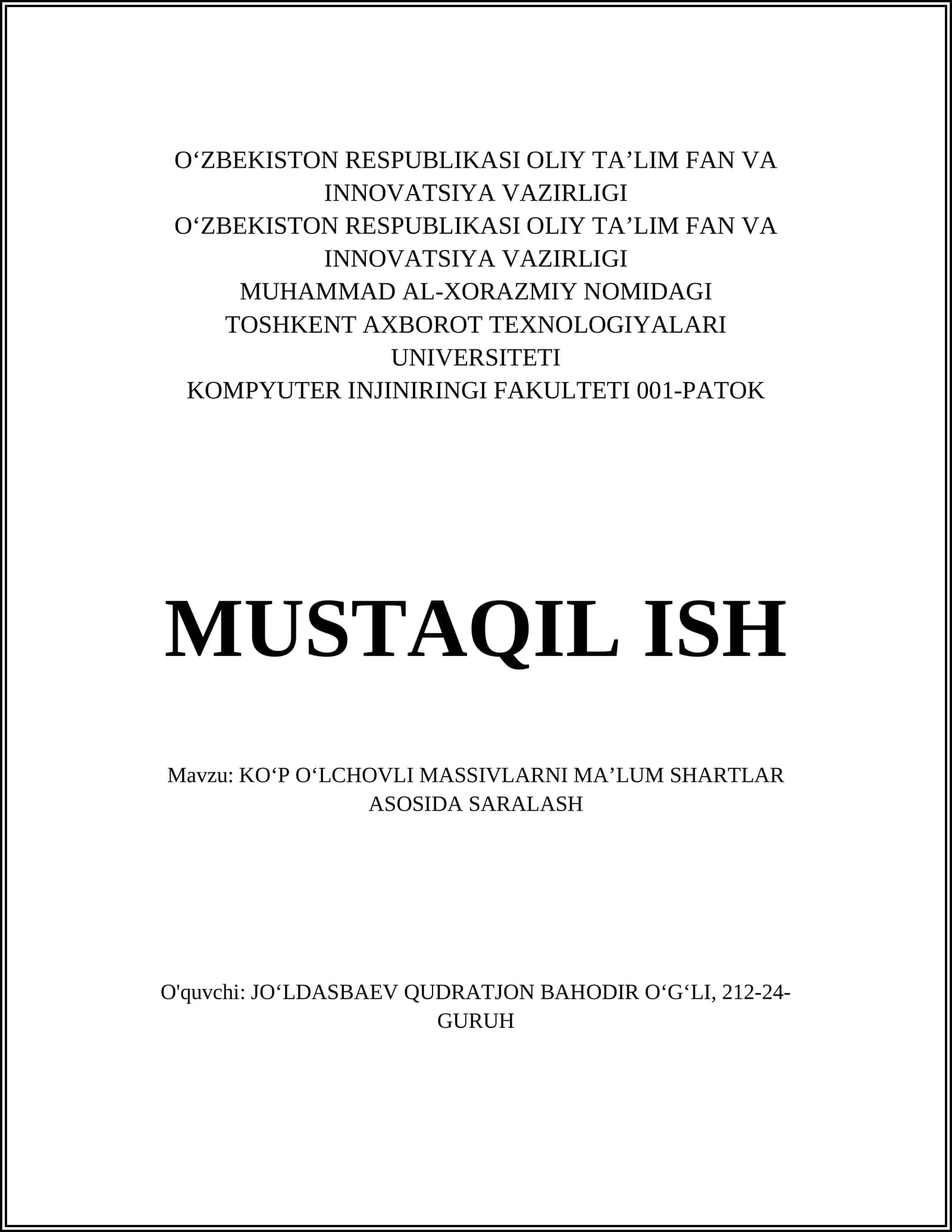 KO‘P O‘LCHOVLI MASSIVLARNI MA’LUM SHARTLAR ASOSIDA SARALASH