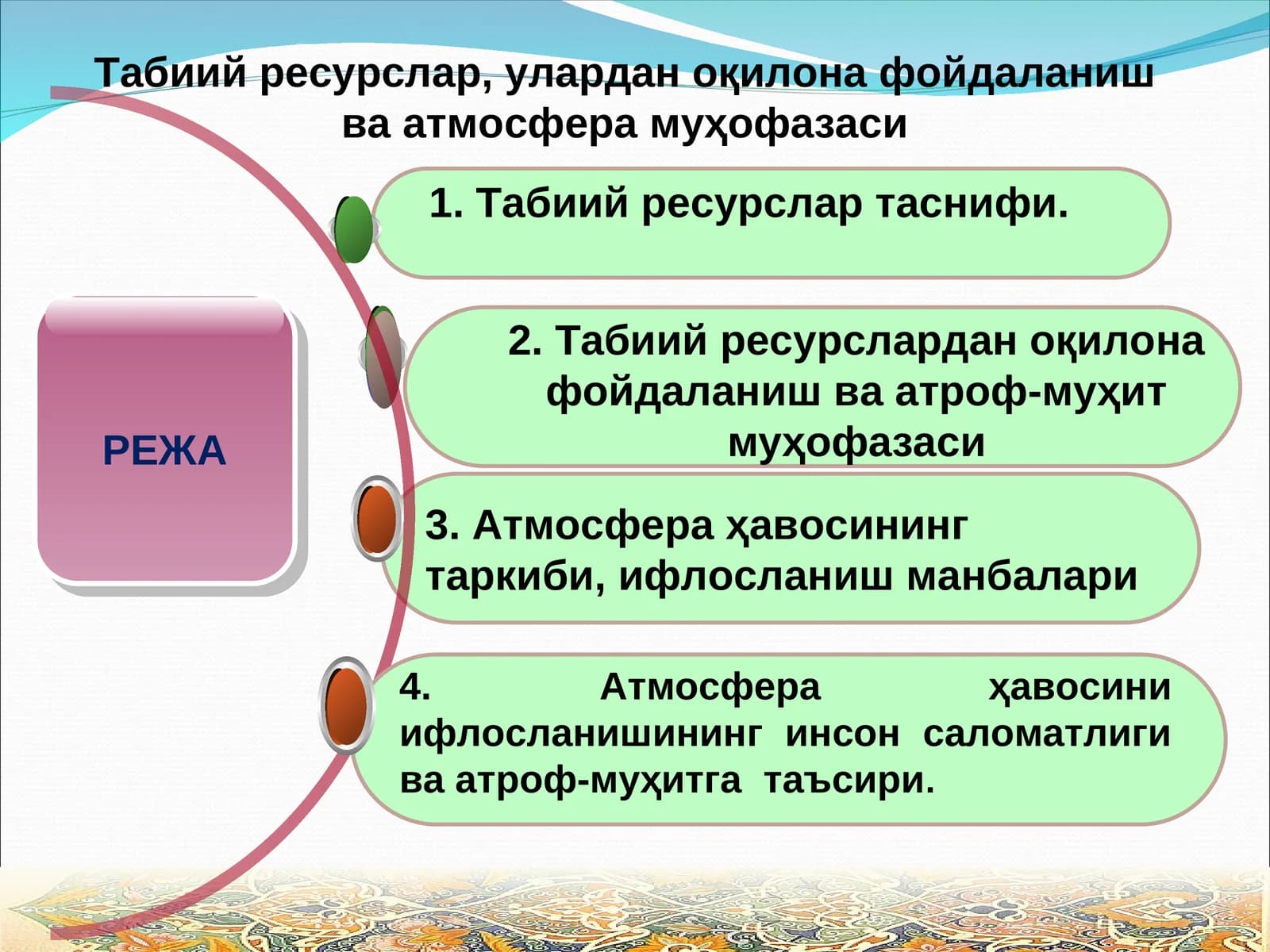 Табиий ресурслар, улардан оқилона фойдаланиш ва атмосфера муҳофазаси
