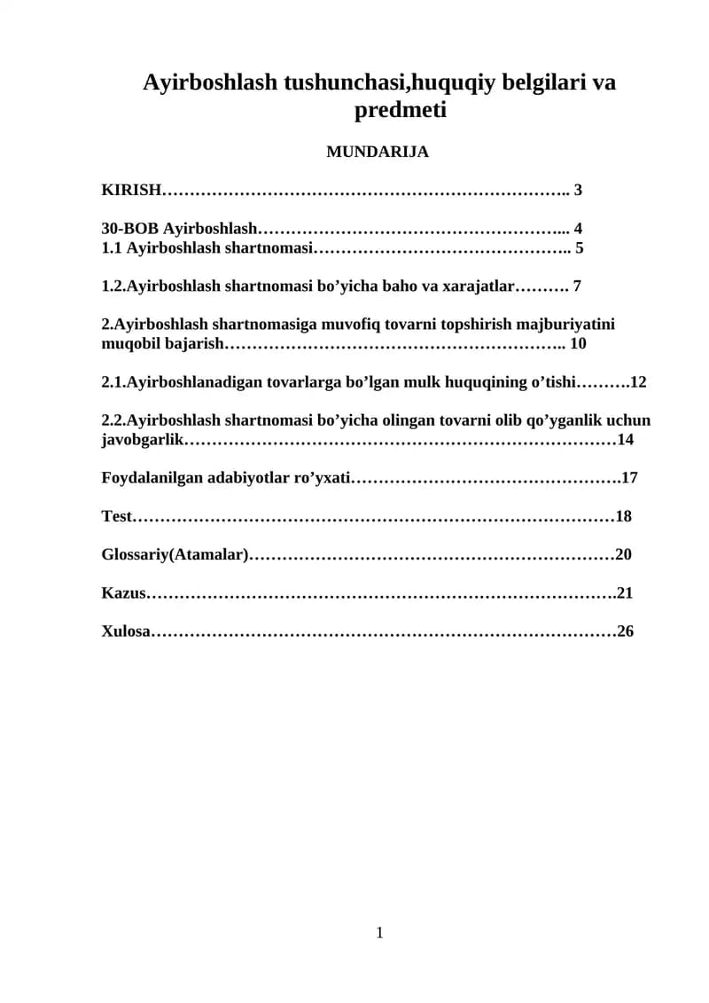 Ayirboshlash tushunchasi,huquqiy belgilari va predmeti