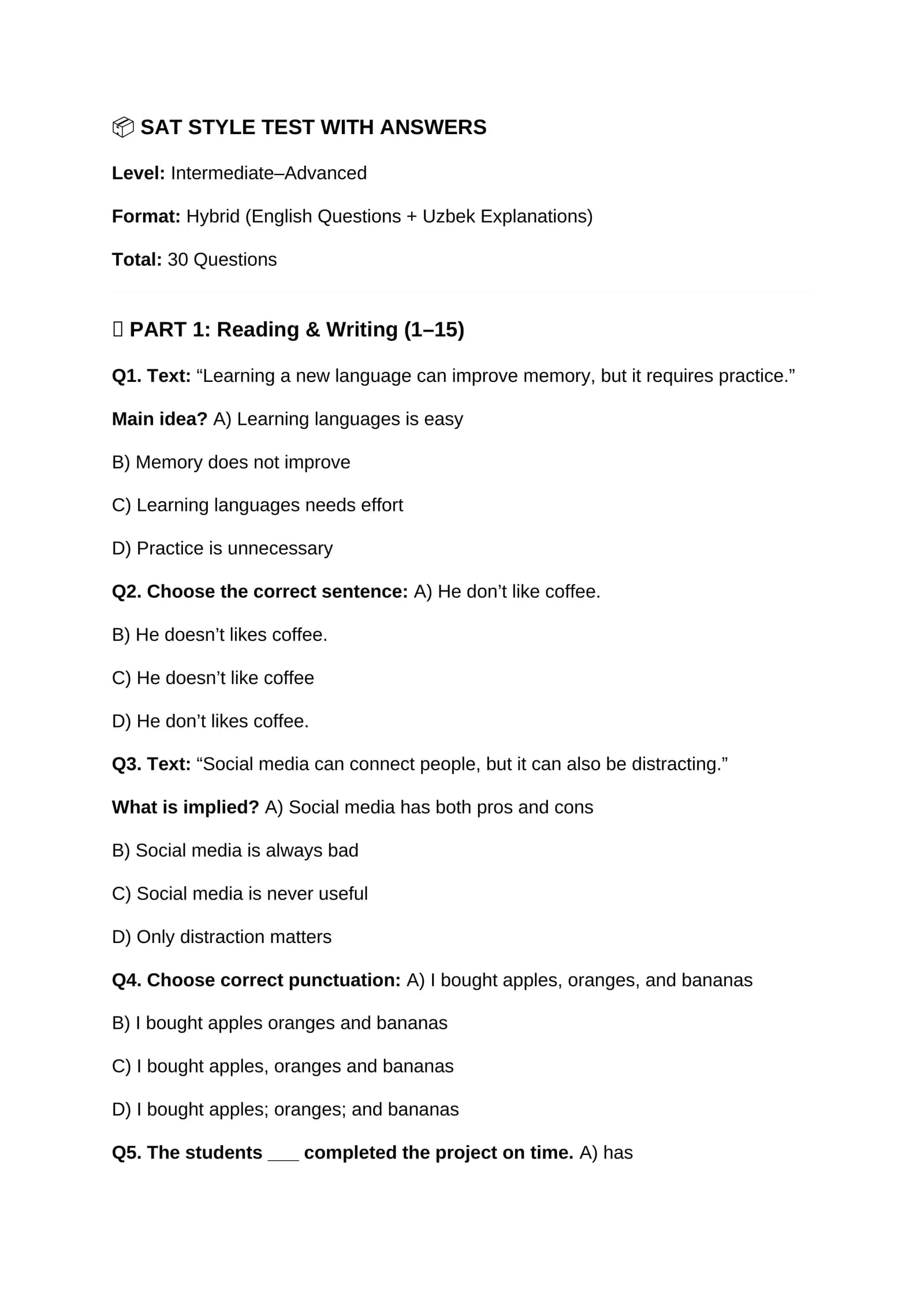 SAT STYLE TEST WITH ANSWERS