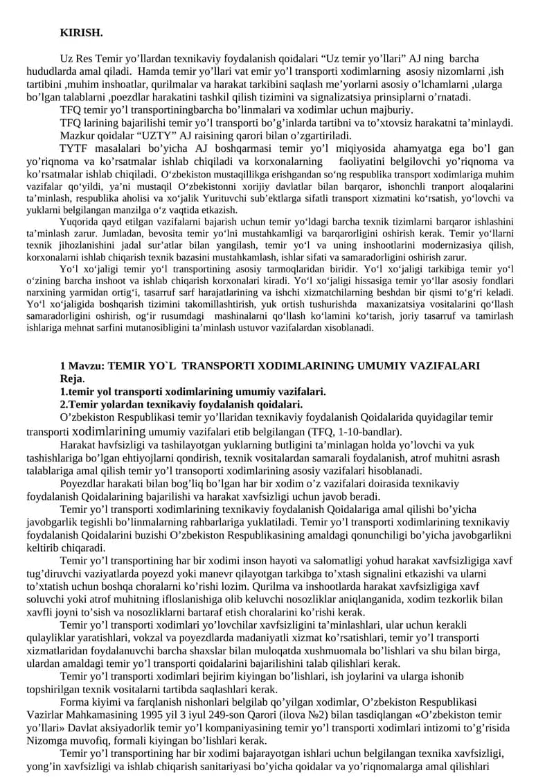 Uz Res Temir yo’llardan texnikaviy foydalanish qoidalari