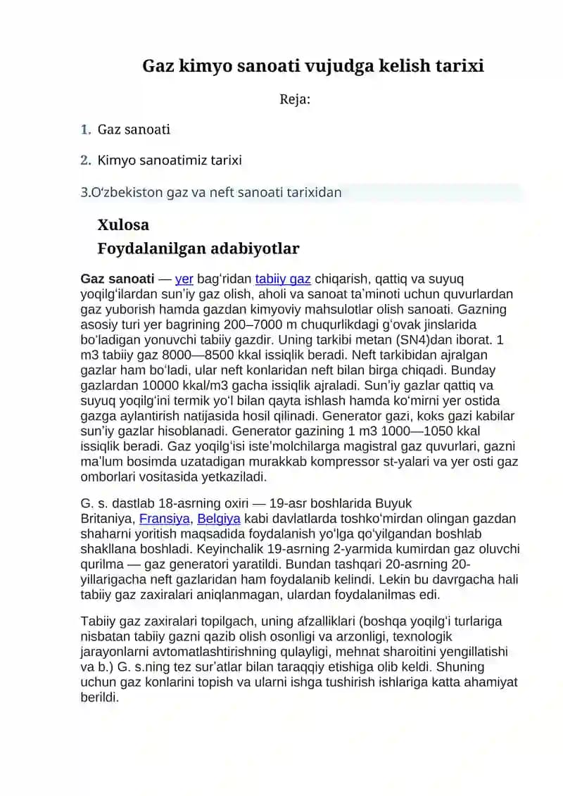 Gaz kimyo sanoati vujudga kelish tarixi