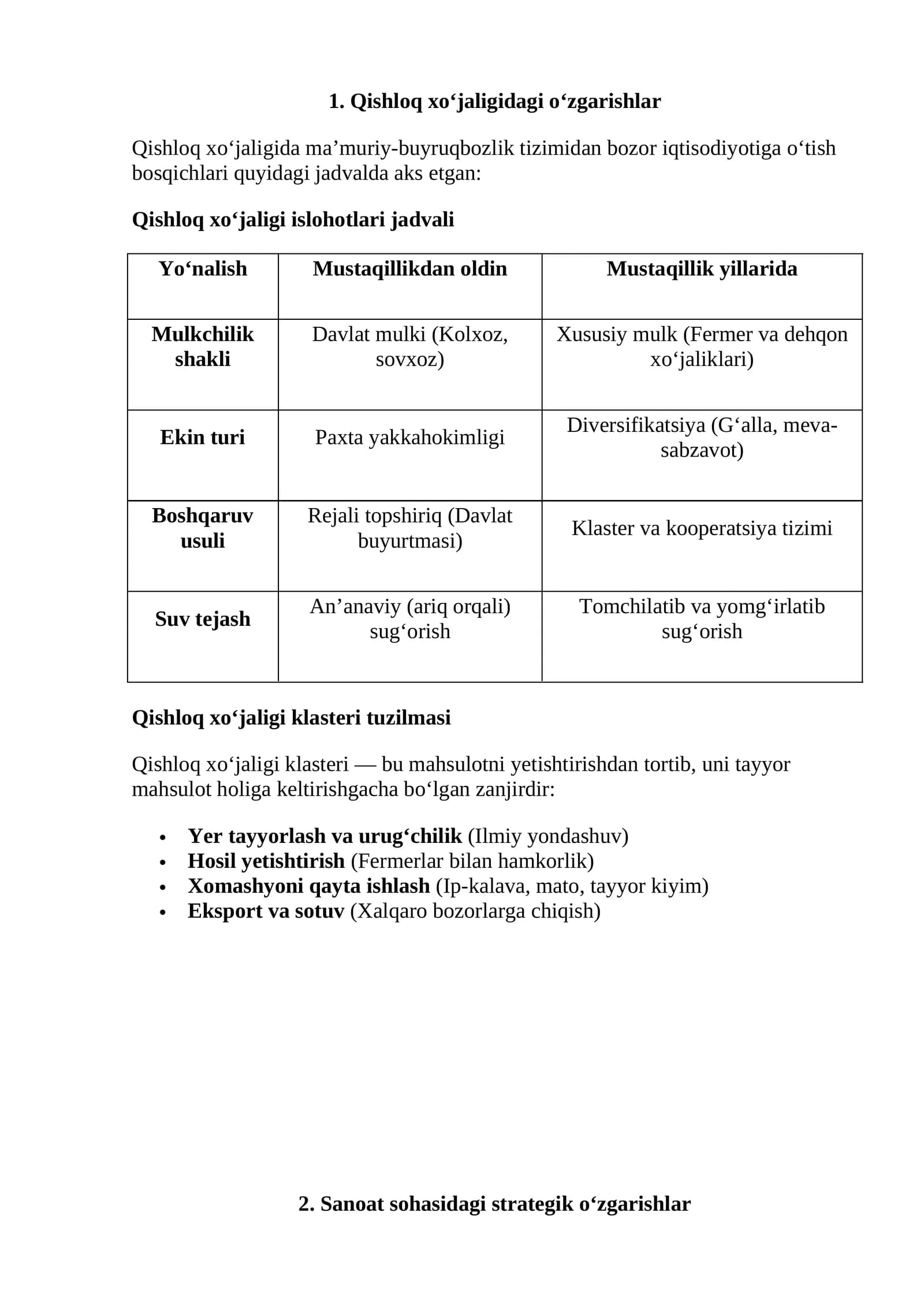 Jadvallar, klasterlar Qishloq xo‘jaligidagi o‘zgarishlar