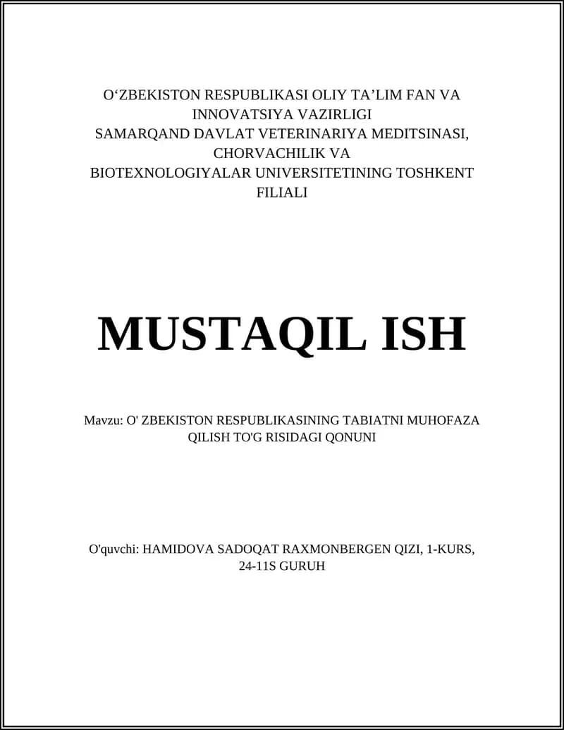 O'ZBEKISTON RESPUBLIKASINING TABIATNI MUHOFAZA QILISH TO'G'RISIDAGI QONUNI