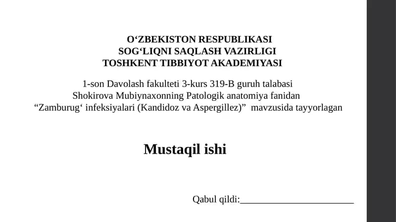Zamburug‘ infeksiyalari (Kandidoz va Aspergillex)