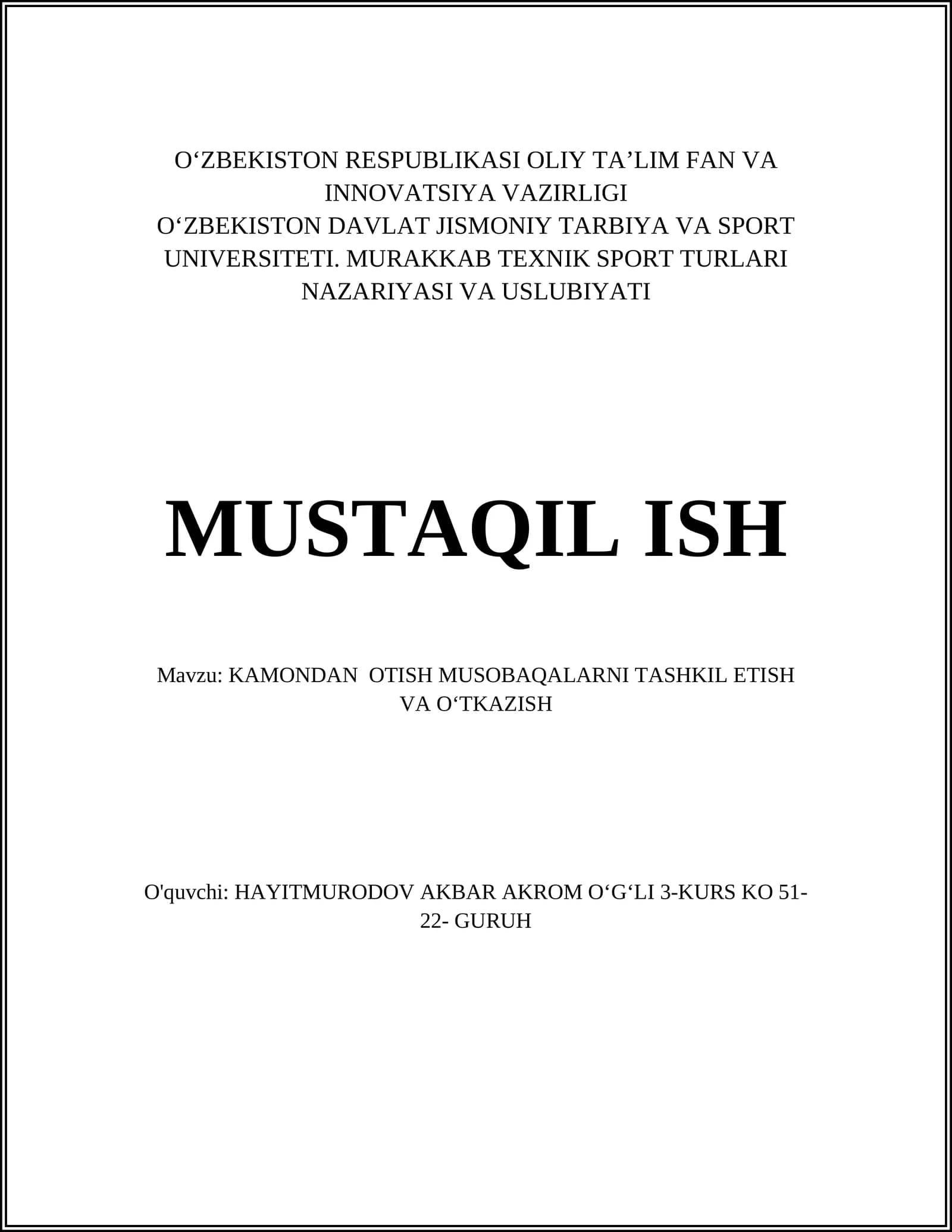 KAMONDAN OTISH MUSOBAQALARNI TASHKIL ETISH VA OʻTKAZISH