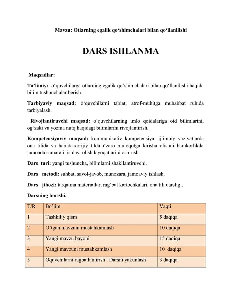 Otlarning egalik qo‘shimchalari bilan qo‘llanilishi DARS ISHLANMA