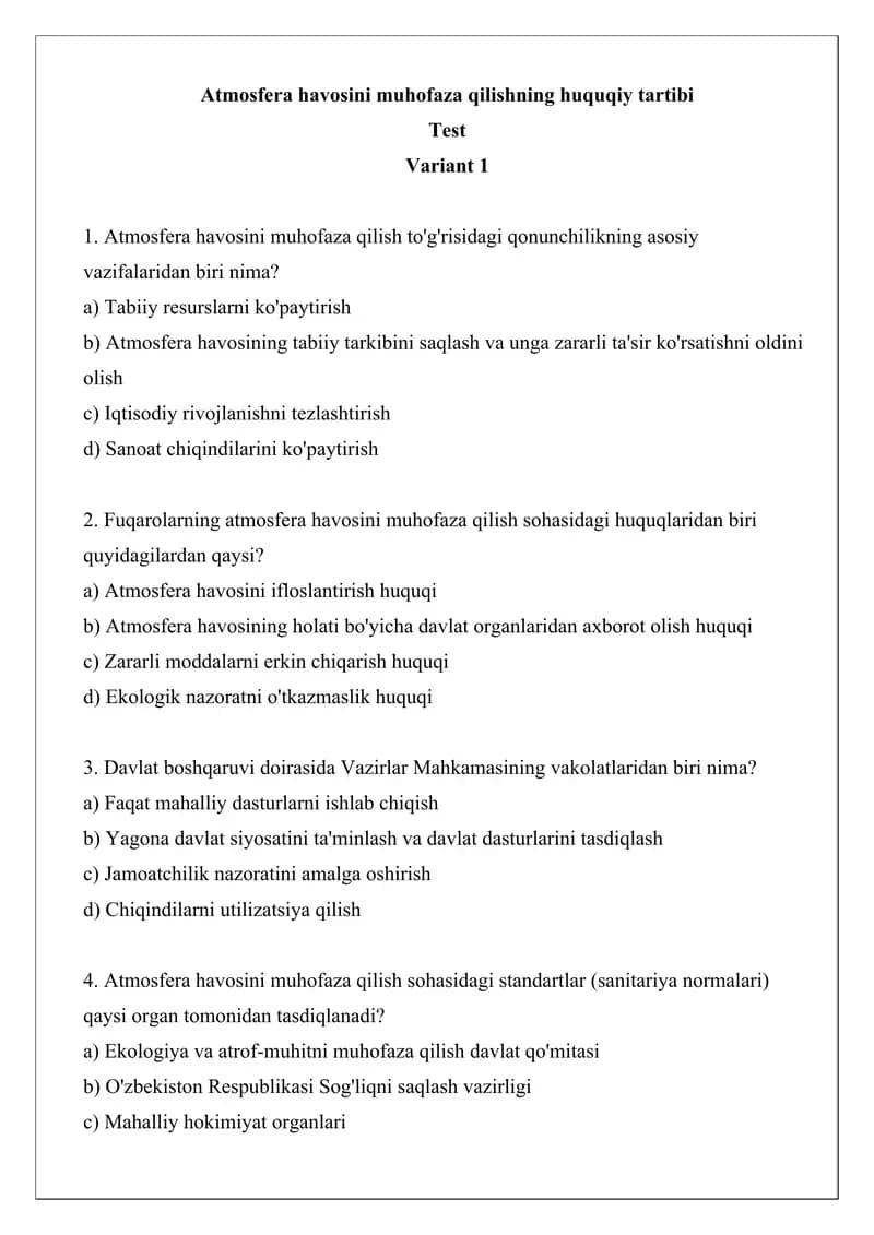 Atmosfera havosini muhofaza qilishning huquqiy tartibi