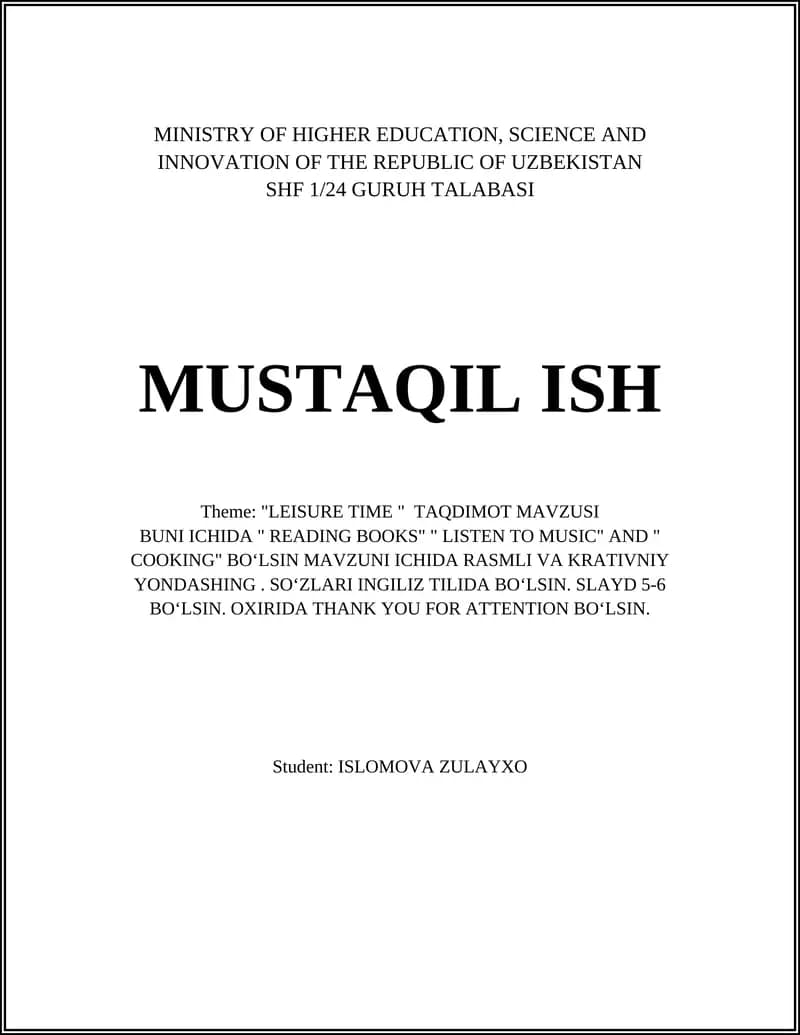 "LEISURE TIME " TAQDIMOT MAVZUSI