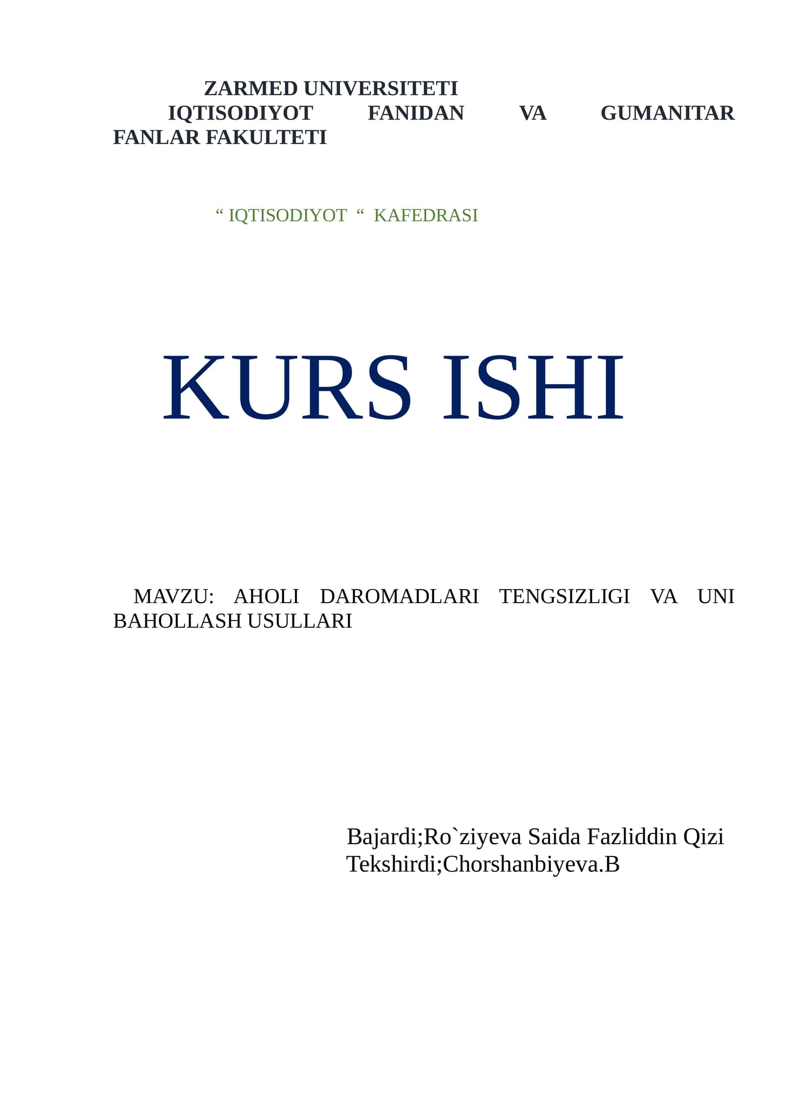 AHOLI DAROMADLARI TENGSIZLIGI VA UNI BAHOLLASH USULLARI