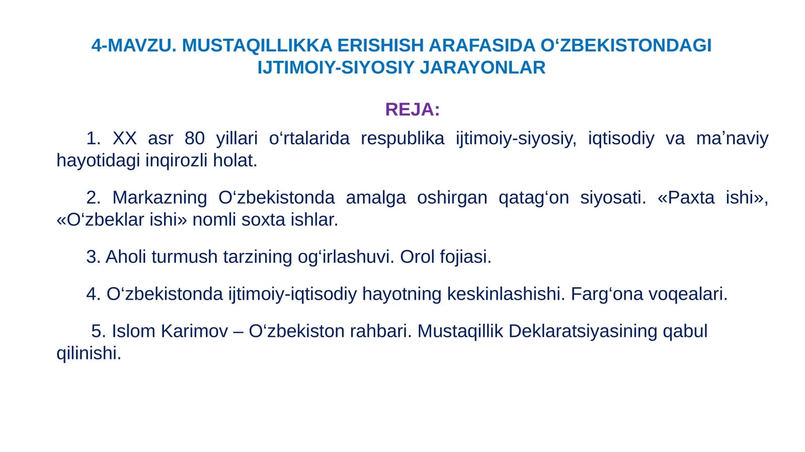 MAVZU.MUSTAQILLIKKA ERISHISH ARAFASIDA O‘ZBEKISTONDAGI IJTIMOIY-SIYOSIY JARAYONLAR