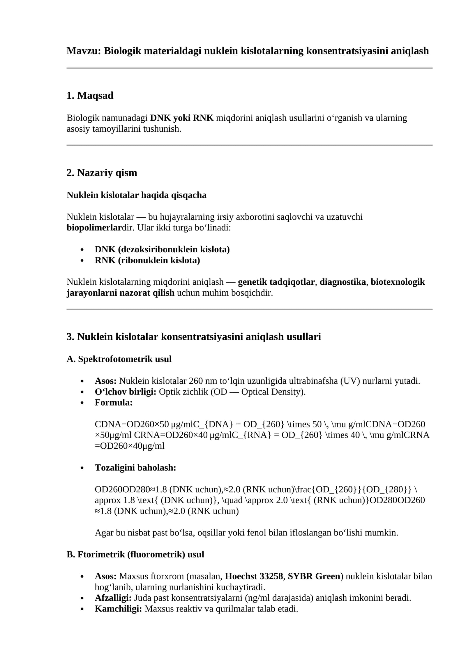 Biologik materialdagi nuklein kislotalarning konsentratsiyasini aniqlash