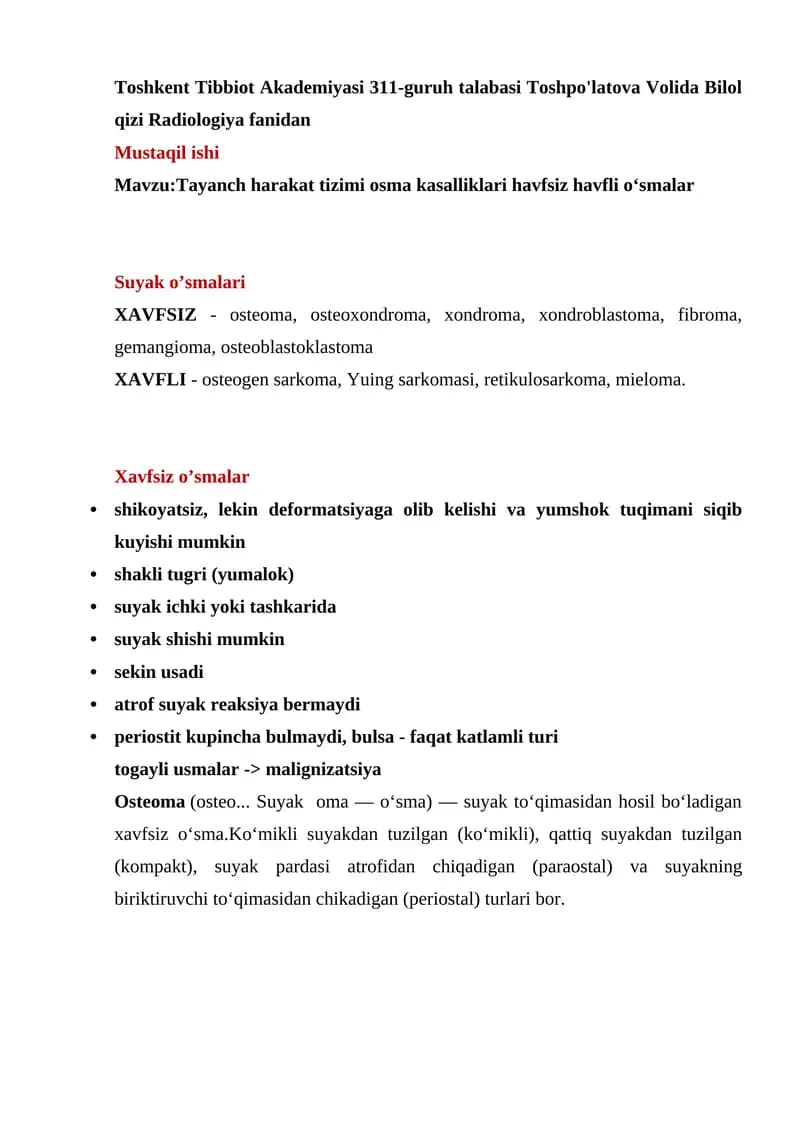 Tayanch harakat tizimi osma kasalliklari havfsiz havfli oʻsmalar